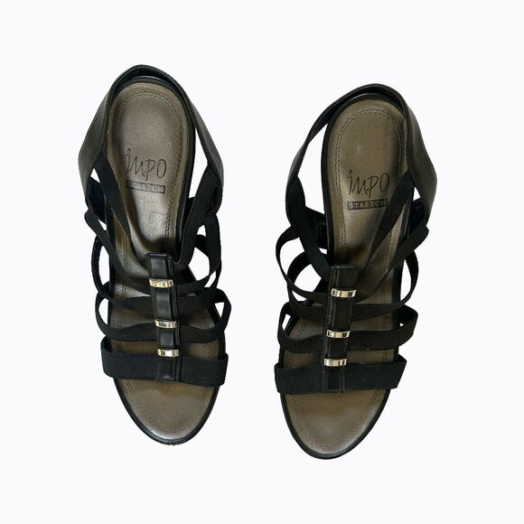 Impo Viera Stretch Black Wedge Strappy Sandals Silver Embellished Open Toe 8.5M - Picture 1 of 10